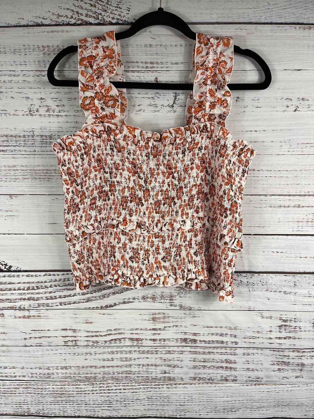 A Loves A Smocked Ruffle Strap Tank Top Women's Large Orange Floral Boho Summer